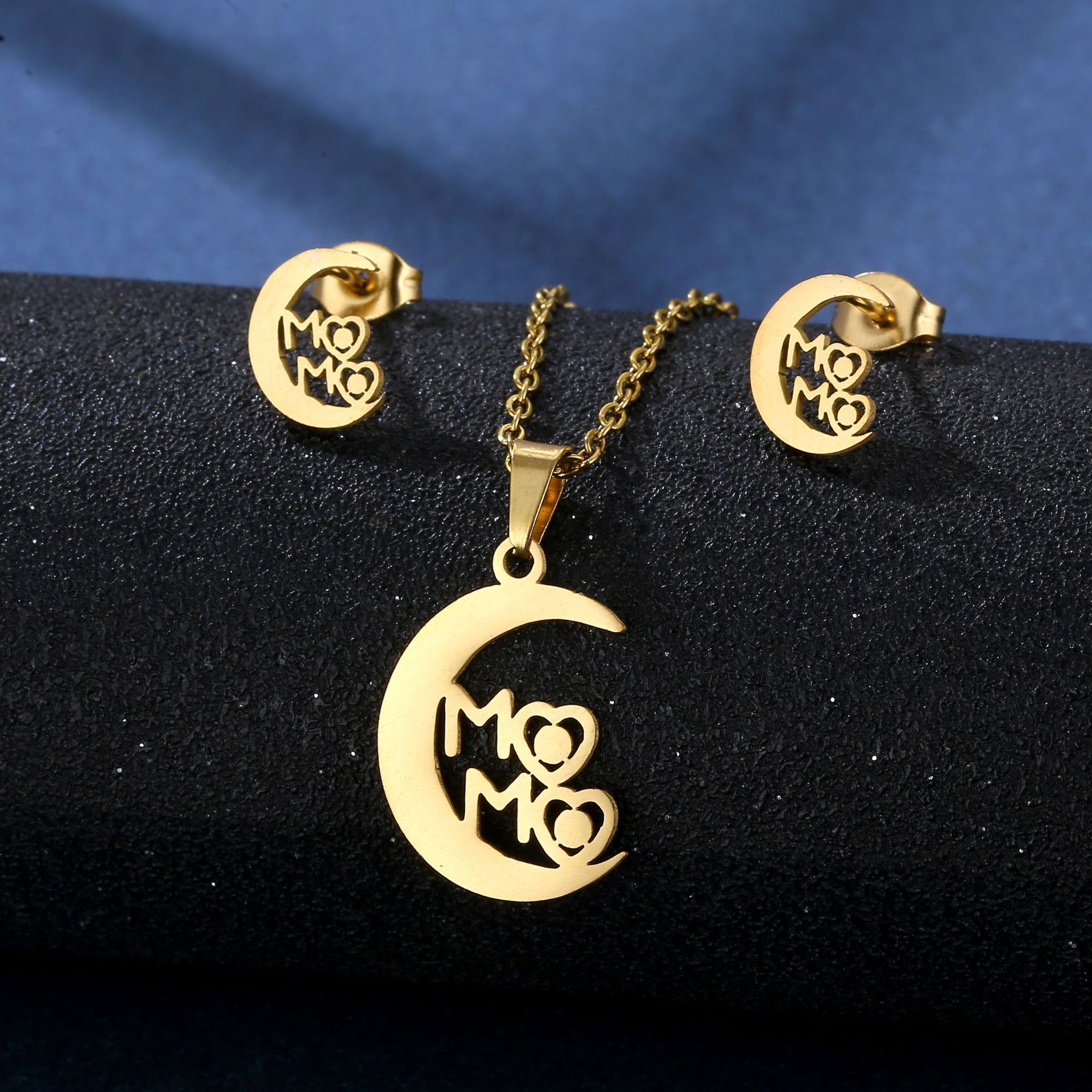 18K Gold Plated Mom Moon Necklace and Stud Earrings Jewelry Sets, Stainless Steel Jewelry for Women Wholesale