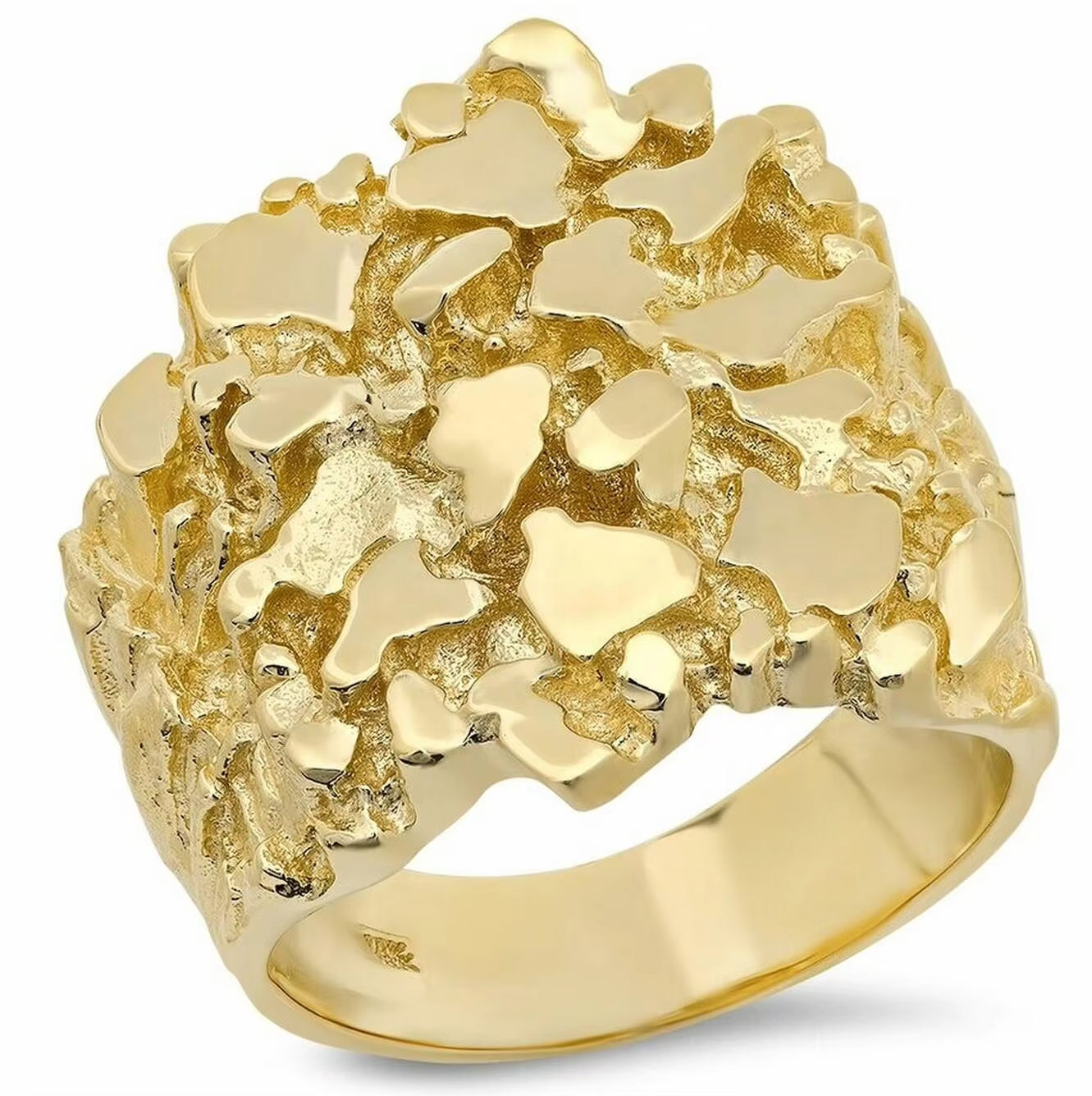 18K Gold Plated Nugget Square Ring – Hammered Texture Stainless Steel Hip Hop Unisex Fashion Jewelry
