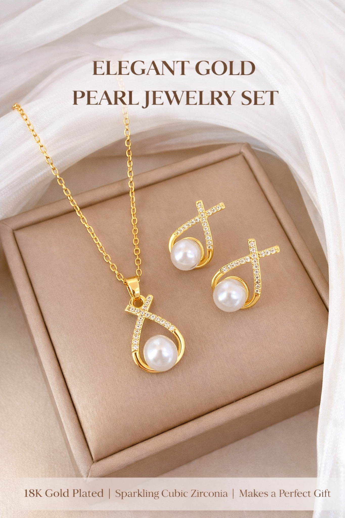 18K Gold Plated Pearl Jewelry Sets with Cubic Zirconia Cross Pendant Necklace and Earrings Stainless Steel Jewelry Sets