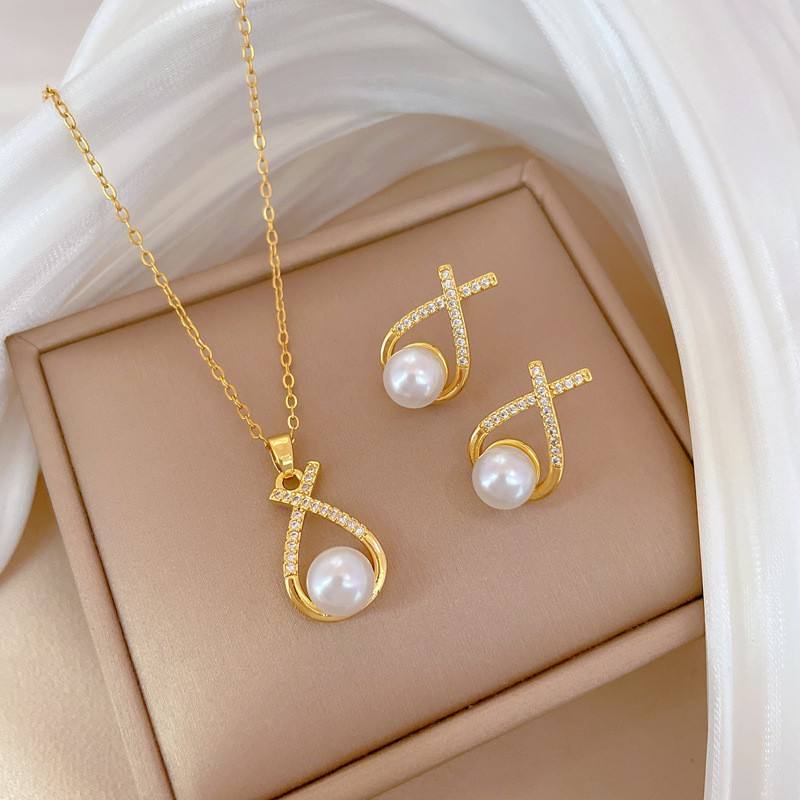 18K Gold Plated Pearl Jewelry Sets with Cubic Zirconia Cross Pendant Necklace and Earrings Stainless Steel Jewelry Sets