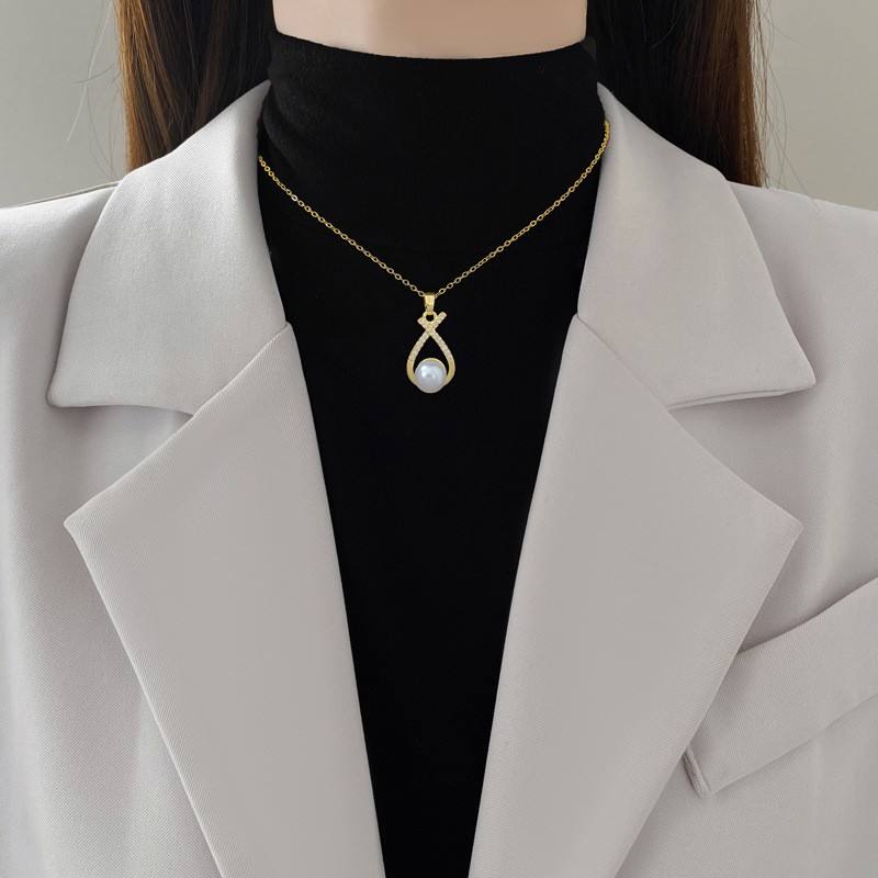 18K Gold Plated Pearl Jewelry Sets with Cubic Zirconia Cross Pendant Necklace and Earrings Stainless Steel Jewelry Sets