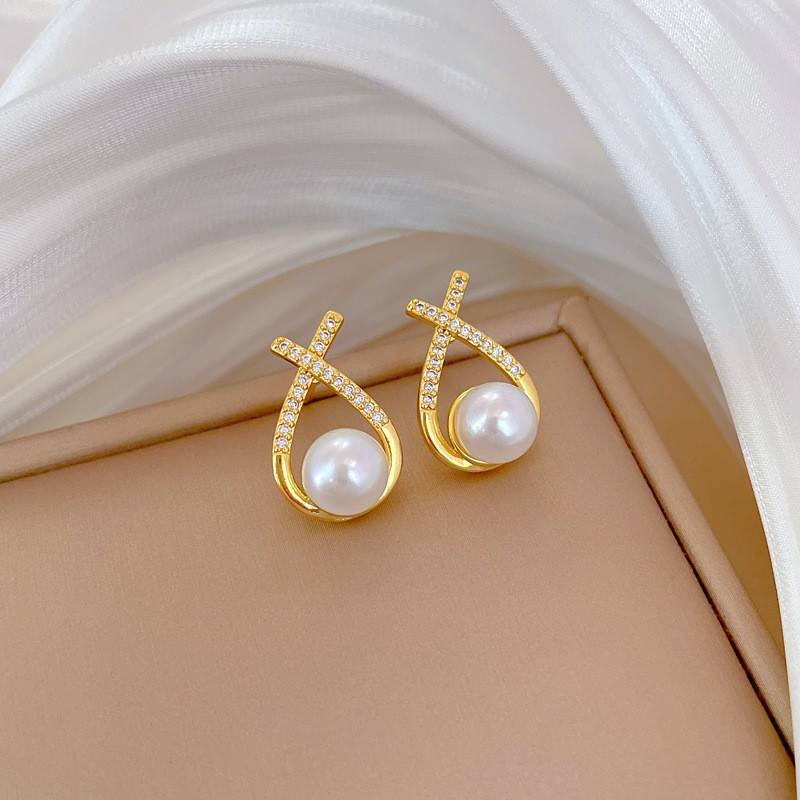18K Gold Plated Pearl Jewelry Sets with Cubic Zirconia Cross Pendant Necklace and Earrings Stainless Steel Jewelry Sets
