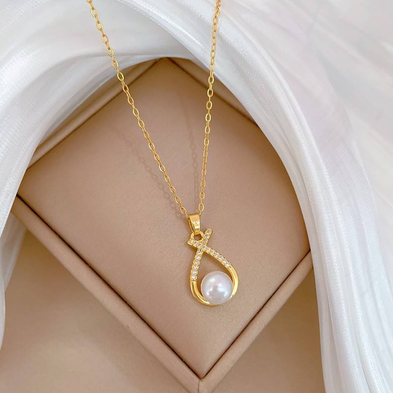 18K Gold Plated Pearl Jewelry Sets with Cubic Zirconia Cross Pendant Necklace and Earrings Stainless Steel Jewelry Sets
