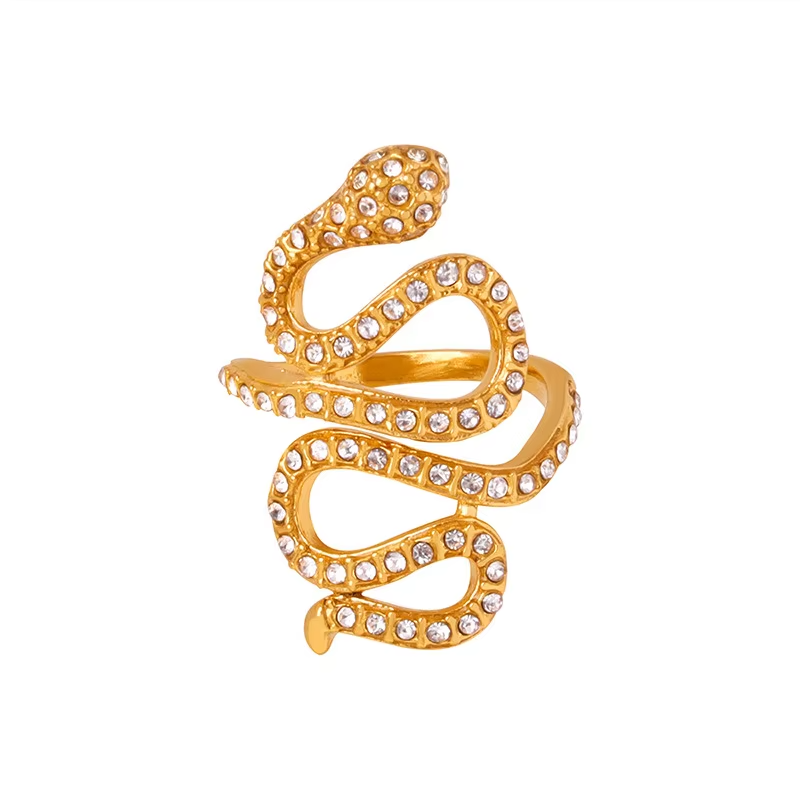 18K Gold Plated Snake Stacking Ring – Cubic Zirconia Hip-Hop Waterproof Adjustable Stainless Steel Unisex Jewelry