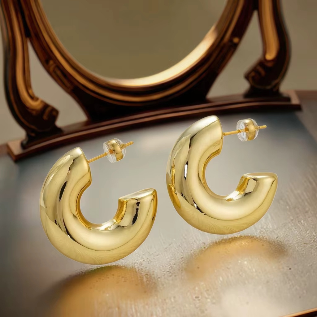 18K Gold Plated Stainless Steel Chunky Hoop Earrings Hypoallergenic Hollow C Shape Women Girls Daily Party Wedding Gift Jewelry