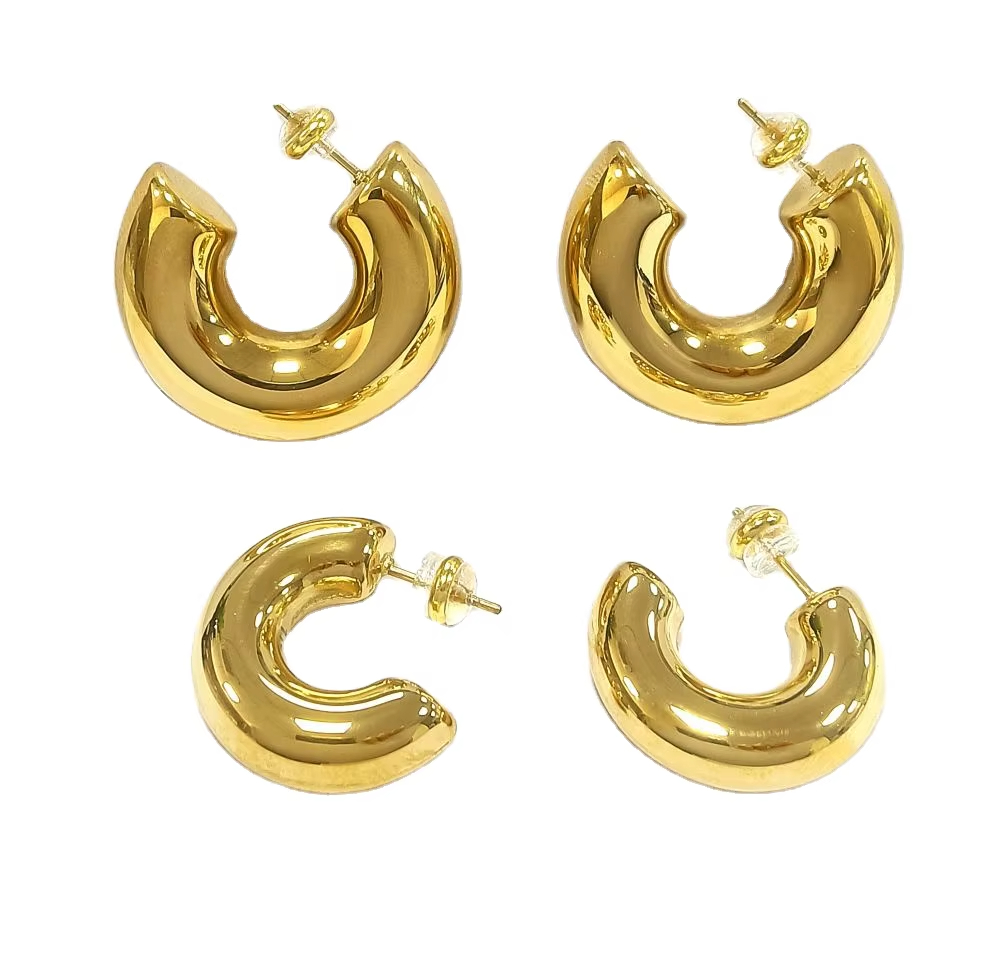 18K Gold Plated Stainless Steel Chunky Hoop Earrings Hypoallergenic Hollow C Shape Women Girls Daily Party Wedding Gift Jewelry