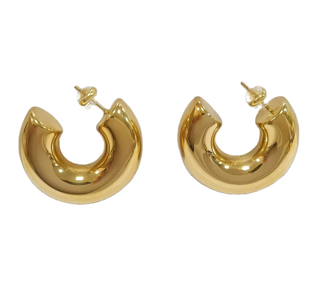 18K Gold Plated Stainless Steel Chunky Hoop Earrings Hypoallergenic Hollow C Shape Women Girls Daily Party Wedding Gift Jewelry