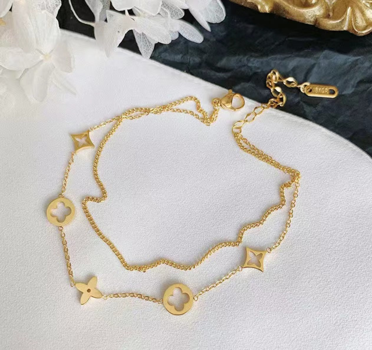 18K Gold Plated Stainless Steel Double Layer Designer-Inspired Charm Bracelet for Women