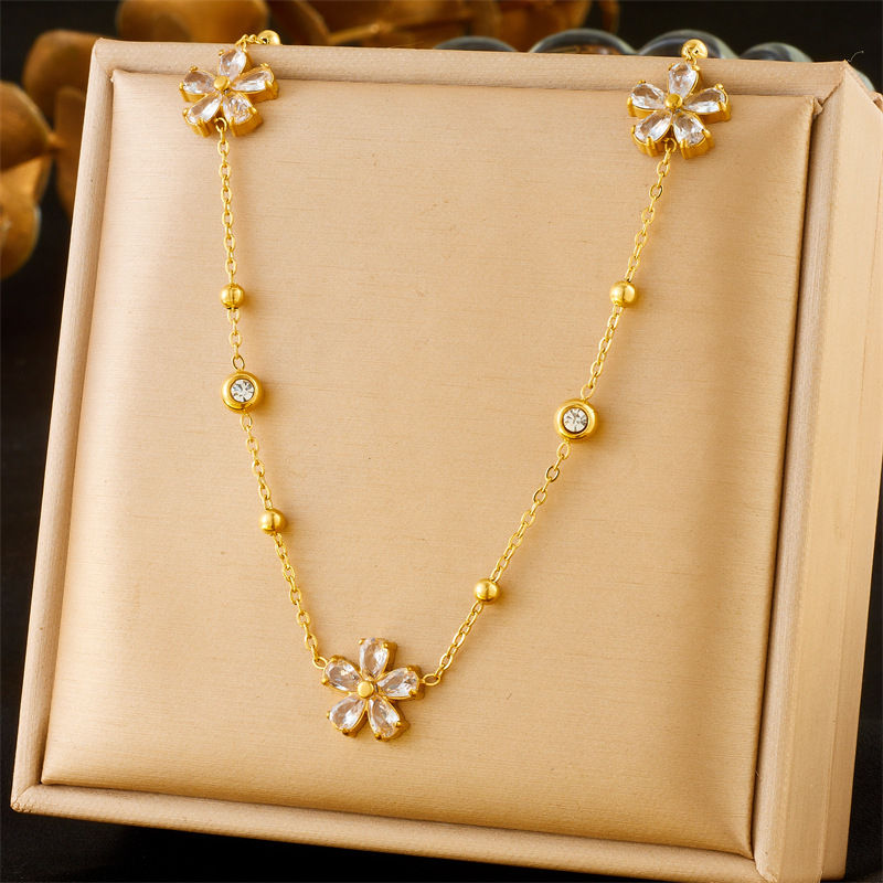 18K Gold Plated Stainless Steel Flower Jewelry Sets Necklace Bracelet Earrings Crystal Floral Jewelry Sets for Women