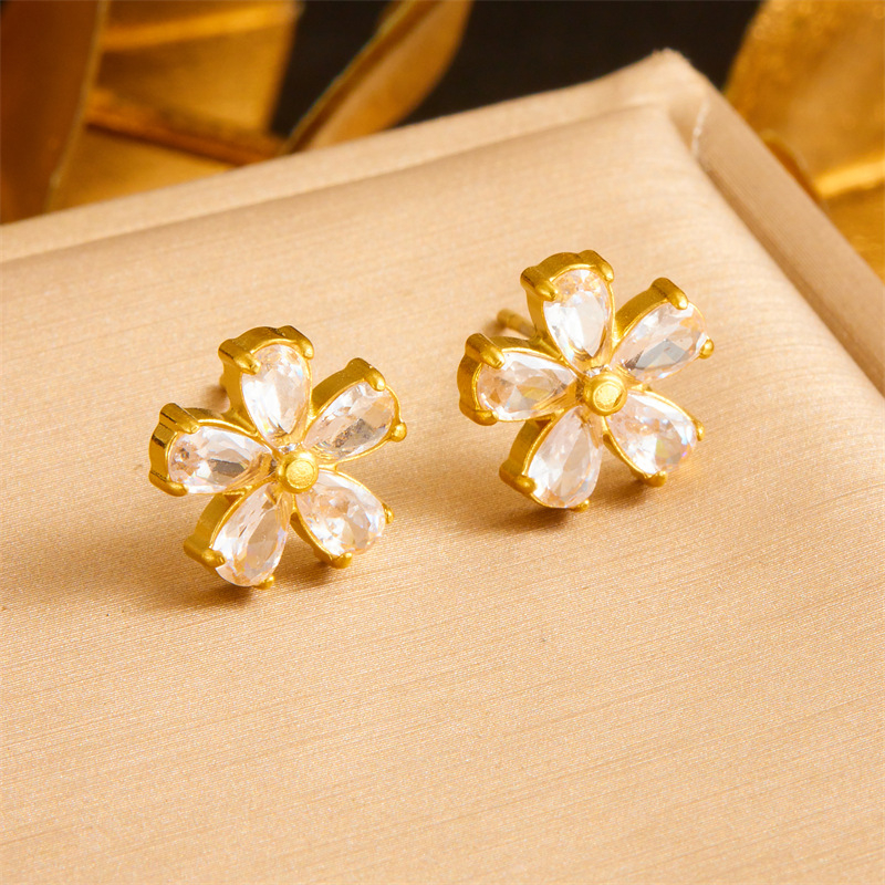 18K Gold Plated Stainless Steel Flower Jewelry Sets Necklace Bracelet Earrings Crystal Floral Jewelry Sets for Women