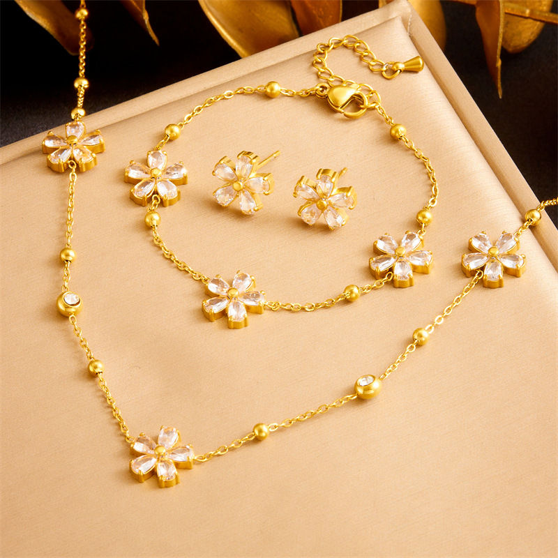 18K Gold Plated Stainless Steel Flower Jewelry Sets Necklace Bracelet Earrings Crystal Floral Jewelry Sets for Women