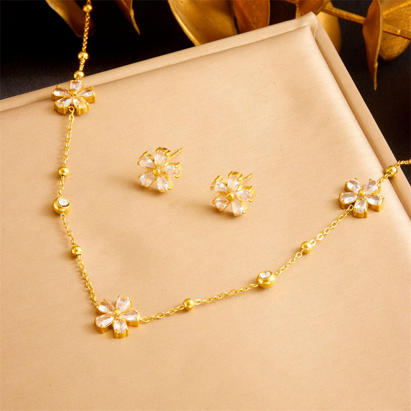 18K Gold Plated Stainless Steel Flower Jewelry Sets Necklace Bracelet Earrings Crystal Floral Jewelry Sets for Women