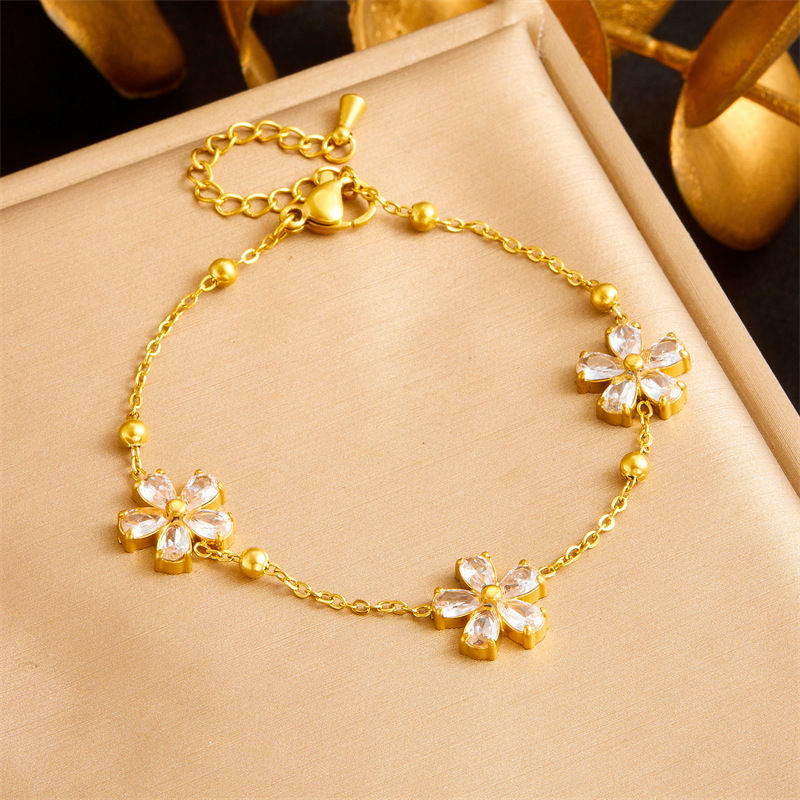 18K Gold Plated Stainless Steel Flower Jewelry Sets Necklace Bracelet Earrings Crystal Floral Jewelry Sets for Women