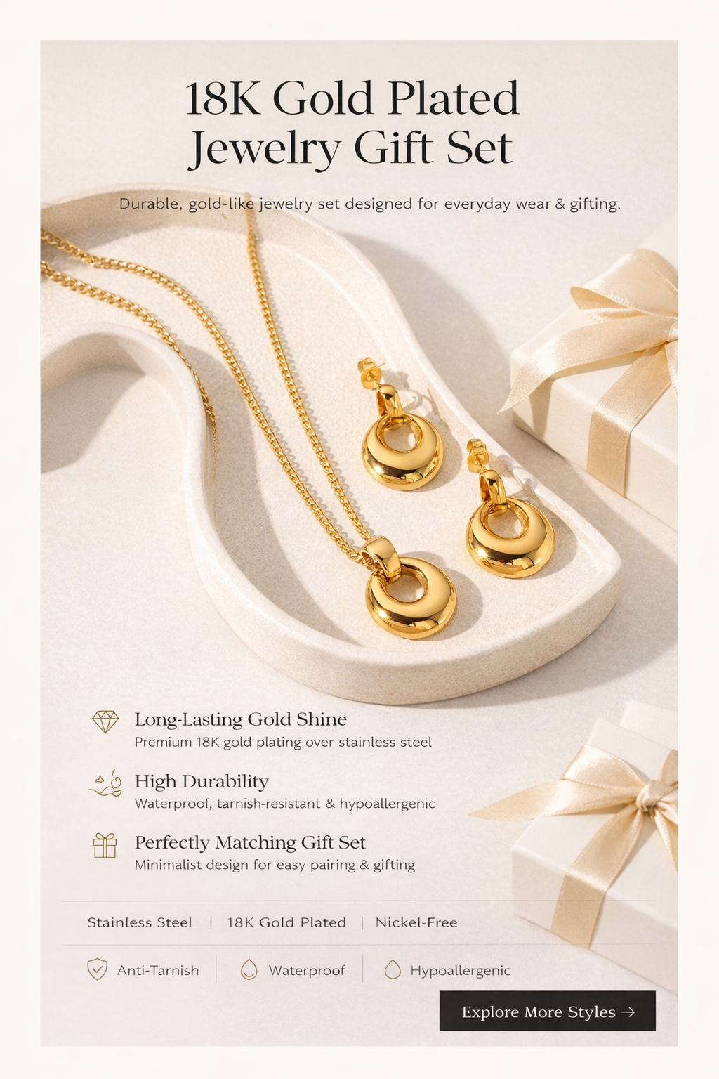 18K Gold Plated Stainless Steel Necklace and Earrings Gift Set Elegant Minimalist Jewelry for Women