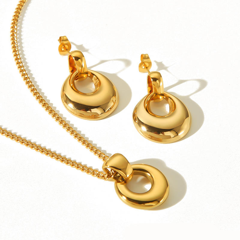 18K Gold Plated Stainless Steel Necklace and Earrings Gift Set Elegant Minimalist Jewelry for Women