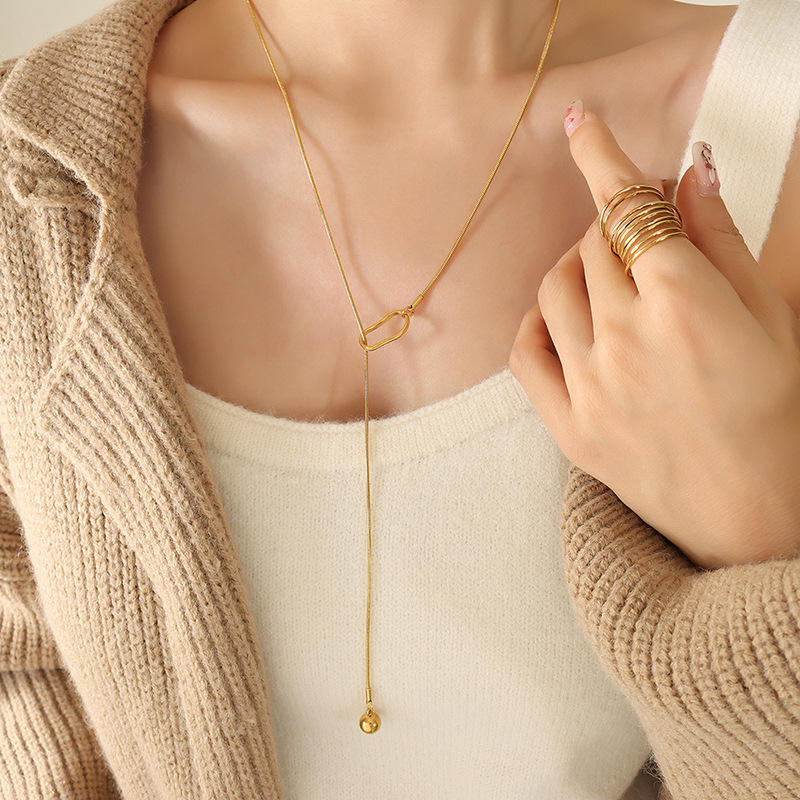 18K Gold Plated Stainless Steel Minimalist Style Dainty Shiny Ball Lariat Necklace for Women Gift