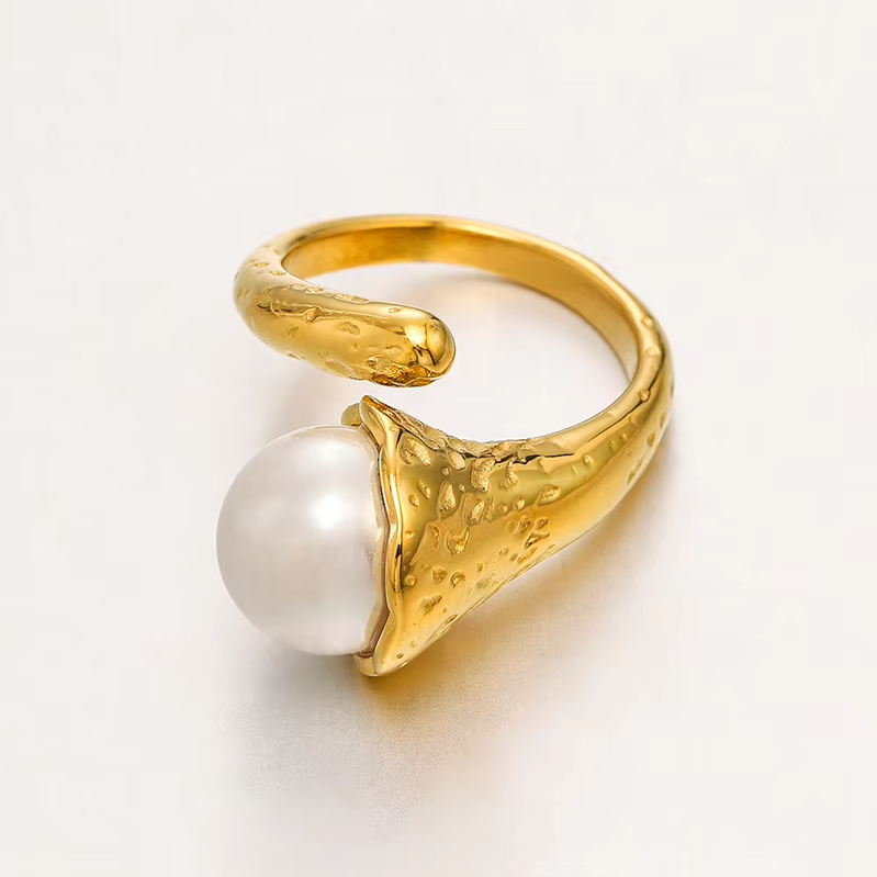 18K Gold Plated Stainless Steel Pearl Open Ring – Irregular Minimalist Design for Women