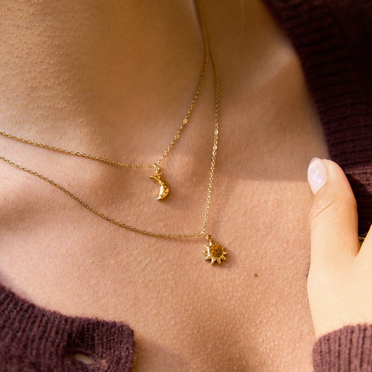 18K Gold Plated Stainless Steel Sun and Moon Double Layer Necklace