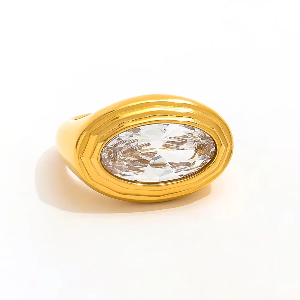 Bold Chunky Oval Zirconia Ring – 18K Gold Plated Stainless Steel Waterproof Statement Jewelry for Women