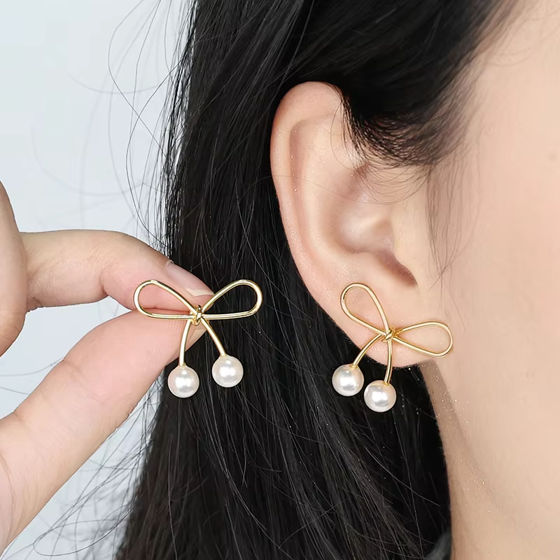 18K Gold Plated Women Jewelry Cute Jewelry Delicate Pearl Fashion Stud Earrings Stainless Steel Bow Tie Earrings for Girl