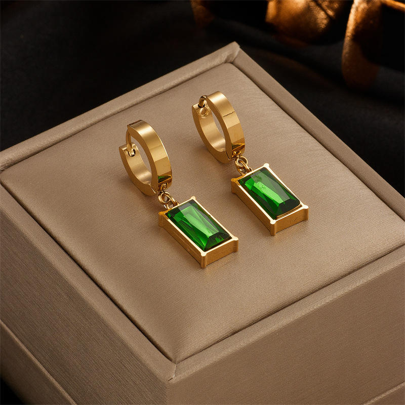 18K Gold Plated stainless steel Necklace and Earrings Set with Emerald Green Pendant, Elegant jewelry sets