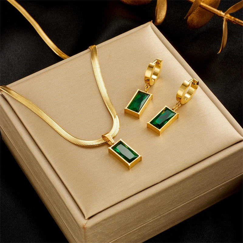 18K Gold Plated stainless steel Necklace and Earrings Set with Emerald Green Pendant, Elegant jewelry sets