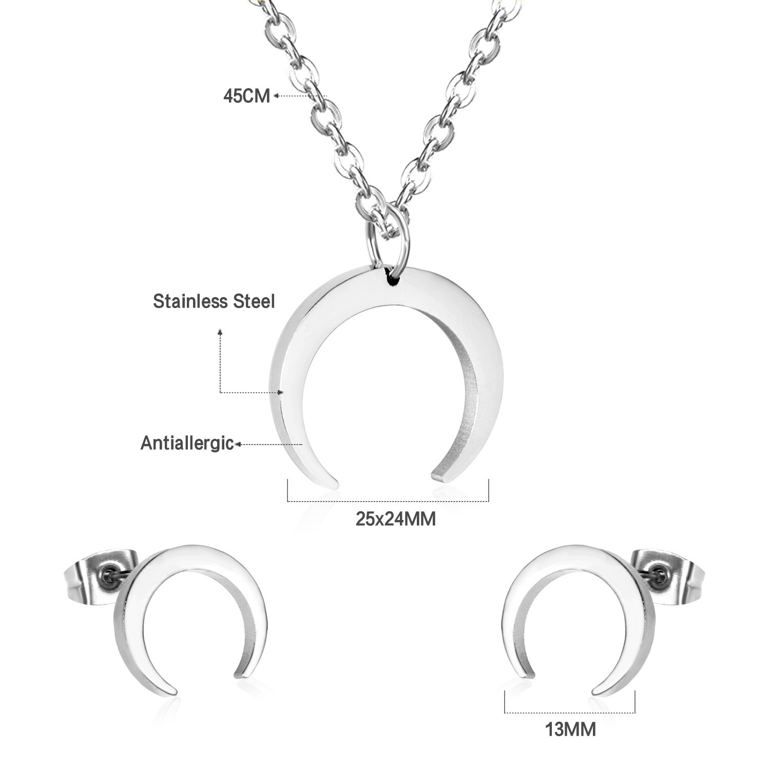 18K Gold-Plated Crescent Moon Necklace and Stud Earrings Set, Stainless Steel Jewelry Set for Women Wholesale