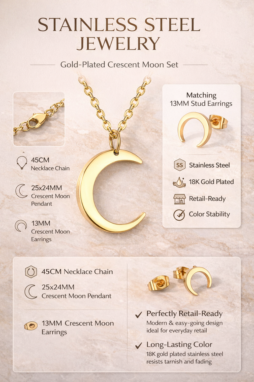18K Gold-Plated Crescent Moon Necklace and Stud Earrings Set, Stainless Steel Jewelry Set for Women Wholesale