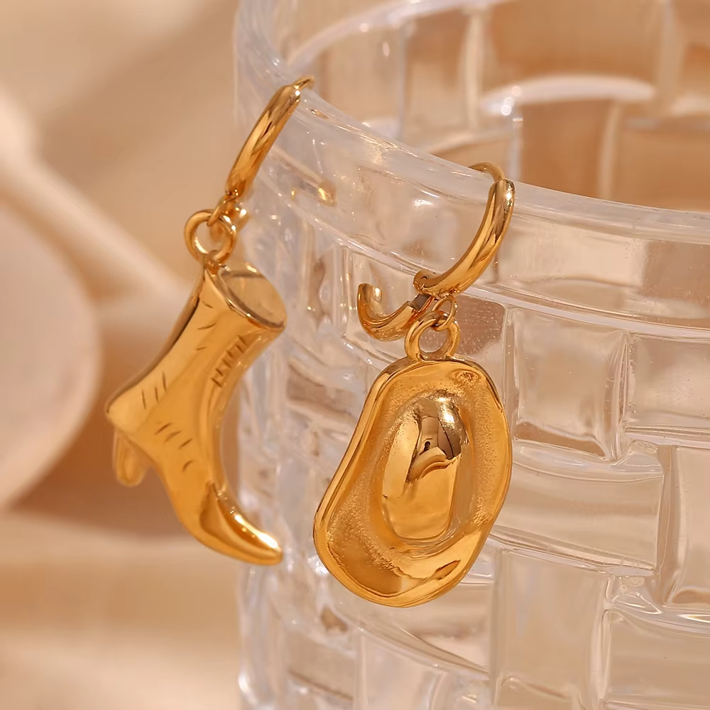 18K Niche Gold Plated Cowboy Boots Hat Earrings Women's Western Stainless Steel European American Fashion Pendants & Charms