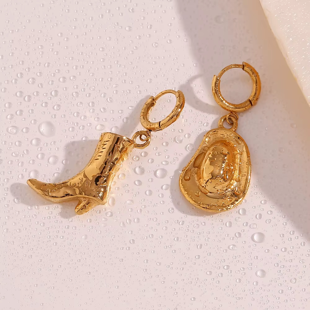 18K Niche Gold Plated Cowboy Boots Hat Earrings Women's Western Stainless Steel European American Fashion Pendants & Charms