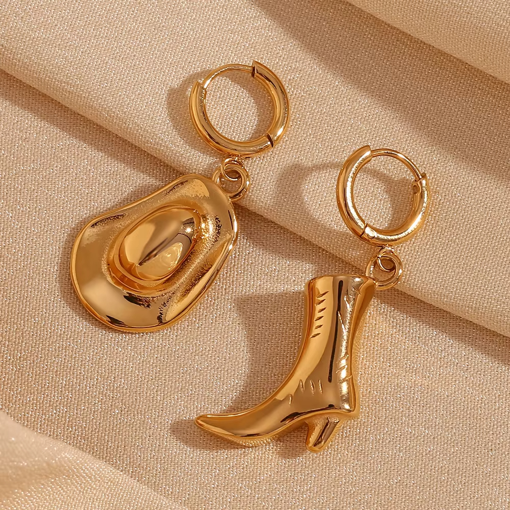 18K Niche Gold Plated Cowboy Boots Hat Earrings Women's Western Stainless Steel European American Fashion Pendants & Charms