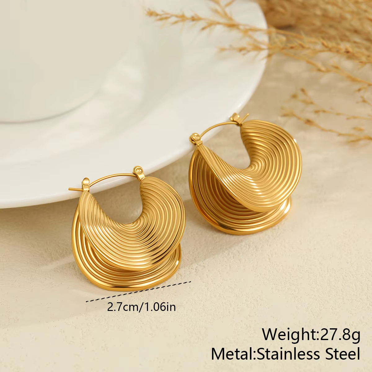 18K Stainless Steel Hoop Earrings Textured Gold Tone Oversized Fashion Earrings