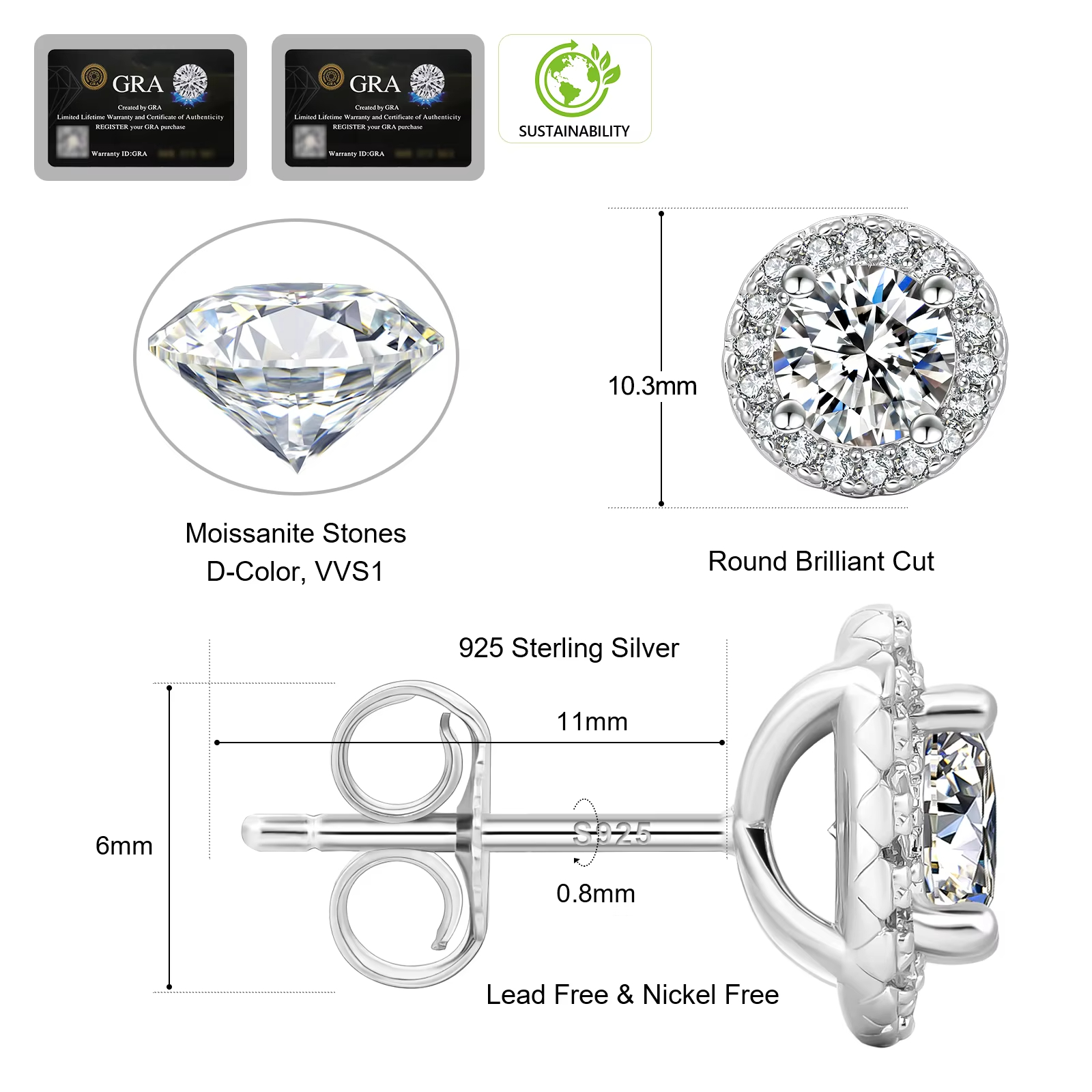 1.0CT 2.0CT Halo Lab Diamond White Gold Vermeil 925 Sterling Silver Studs Men Women Jewelry Round VVS GRA Moissanite Earring