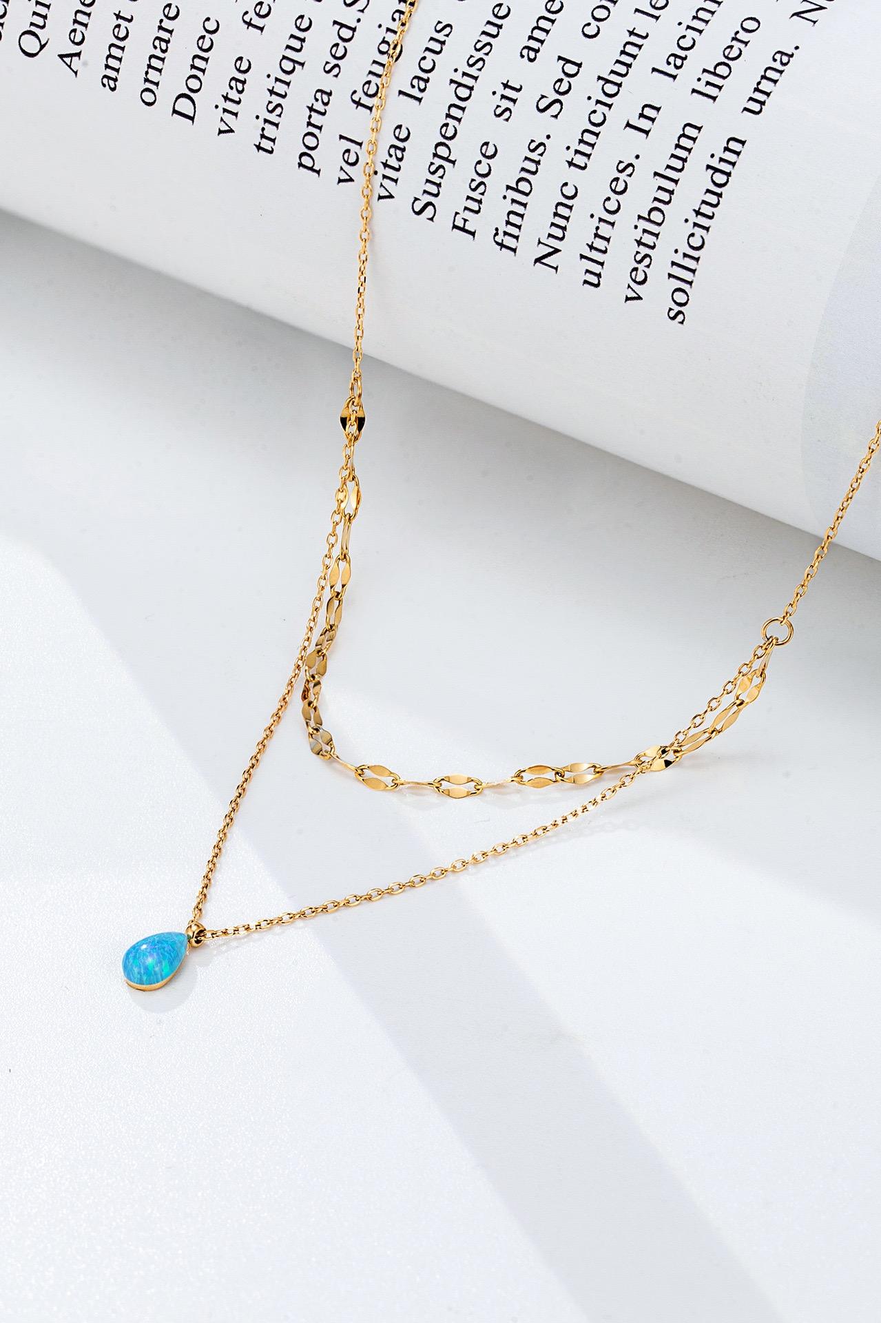 2025 New Design Blue Protein Drop Shaped 18K Double Layer Necklace Fashion Pendant Stainless Steel Charm Women's Necklace