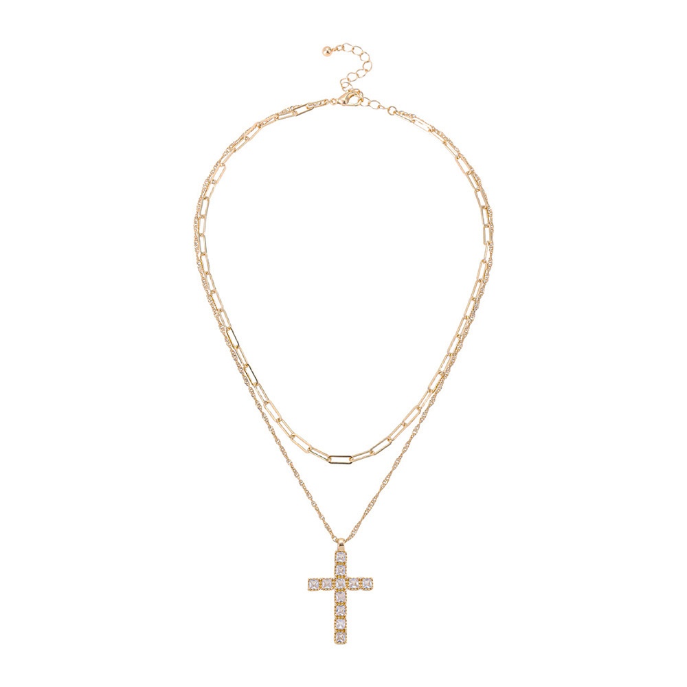 2025 Summer Trendy Double-Layer Overlapping Cross Pendant Necklace Micro-Inlaid Rhinestone Diamond Alloy Link Chain Cross-Border