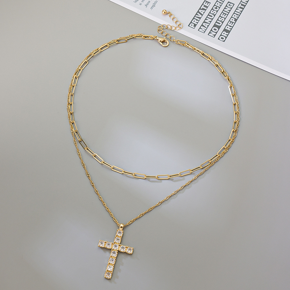 2025 Summer Trendy Double-Layer Overlapping Cross Pendant Necklace Micro-Inlaid Rhinestone Diamond Alloy Link Chain Cross-Border