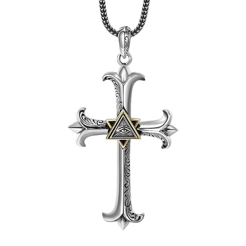 20 Inch Sterling Silver Gothic Cross Necklace | Eye of Providence Pendant on 20