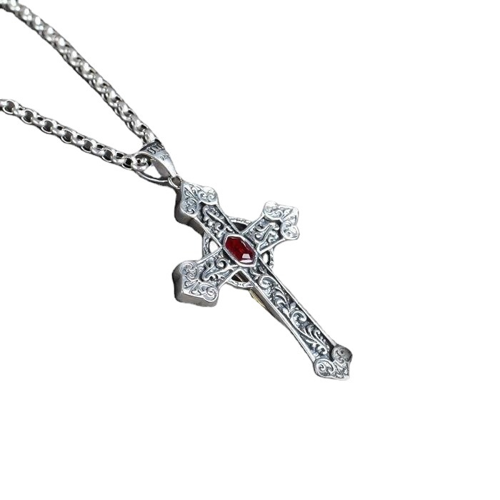 28 Inch Sterling Silver Gothic Cross Necklace | Red Gemstone Vintage Cross Pendant on 28