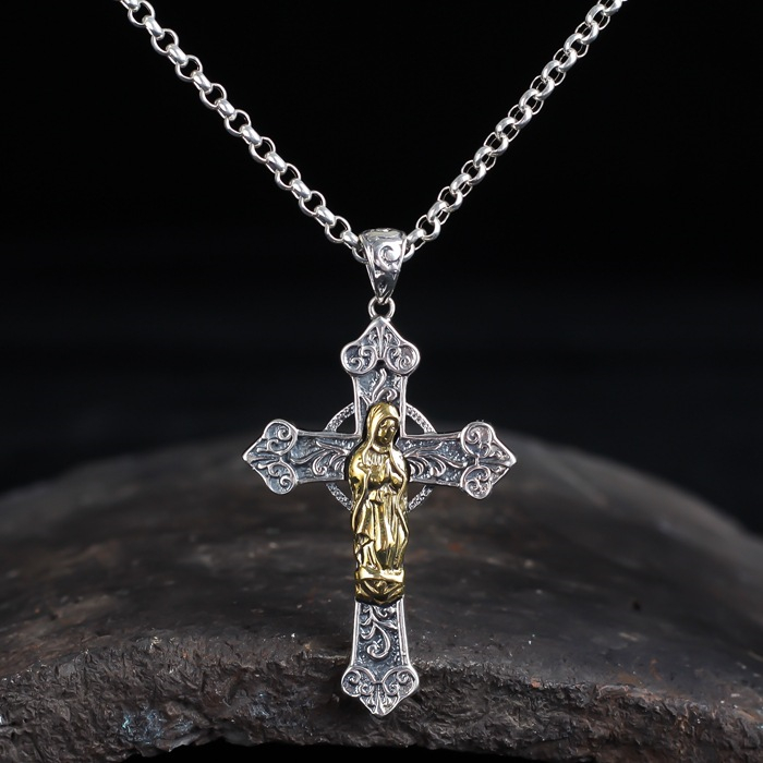 28 Inch Sterling Silver Gothic Cross Necklace | Red Gemstone Vintage Cross Pendant on 28