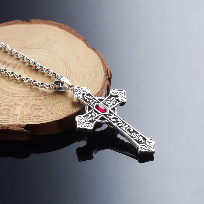 28 Inch Sterling Silver Gothic Cross Necklace | Red Gemstone Vintage Cross Pendant on 28