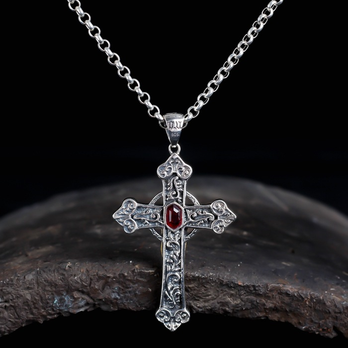 28 Inch Sterling Silver Gothic Cross Necklace | Red Gemstone Vintage Cross Pendant on 28