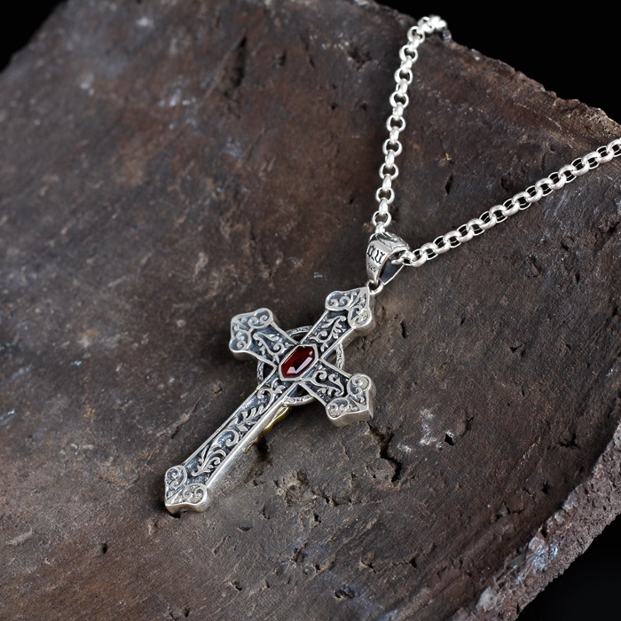 28 Inch Sterling Silver Gothic Cross Necklace | Red Gemstone Vintage Cross Pendant on 28