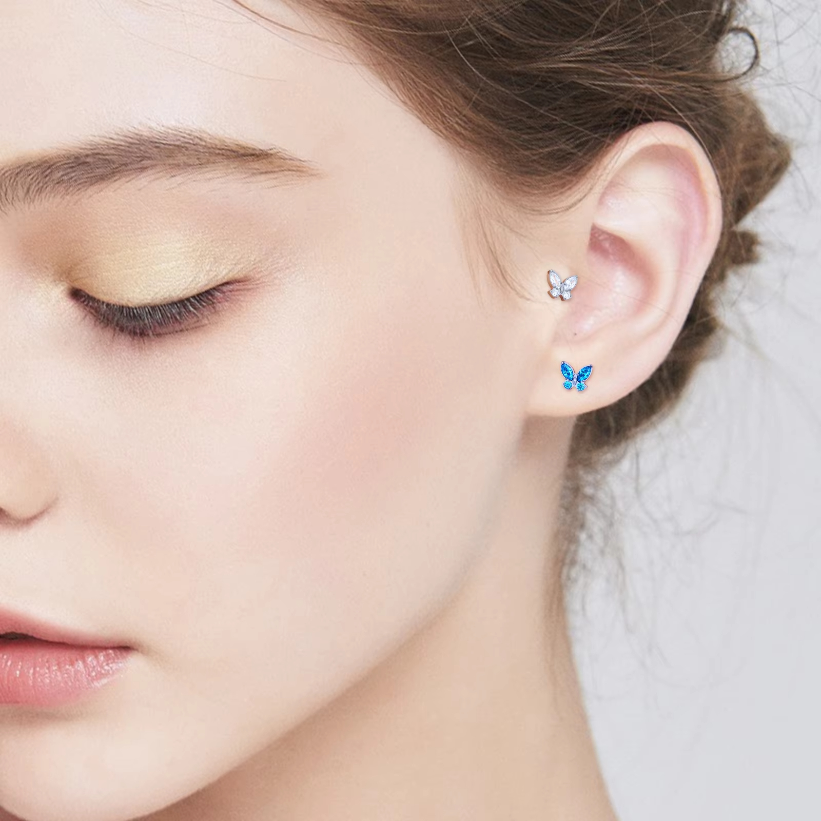 2PCS ASTM F136 G23 Titanium Piercing Butterfly Ear Studs Colorful Zircon Inlay Tragus Cartilage Earrings Woman Body Jewelry