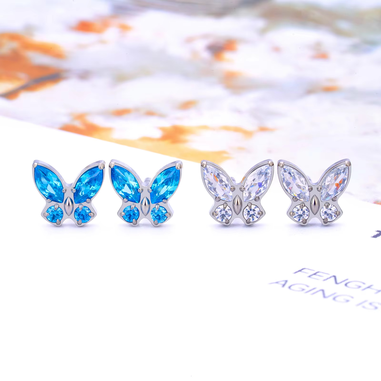 2PCS ASTM F136 G23 Titanium Piercing Butterfly Ear Studs Colorful Zircon Inlay Tragus Cartilage Earrings Woman Body Jewelry