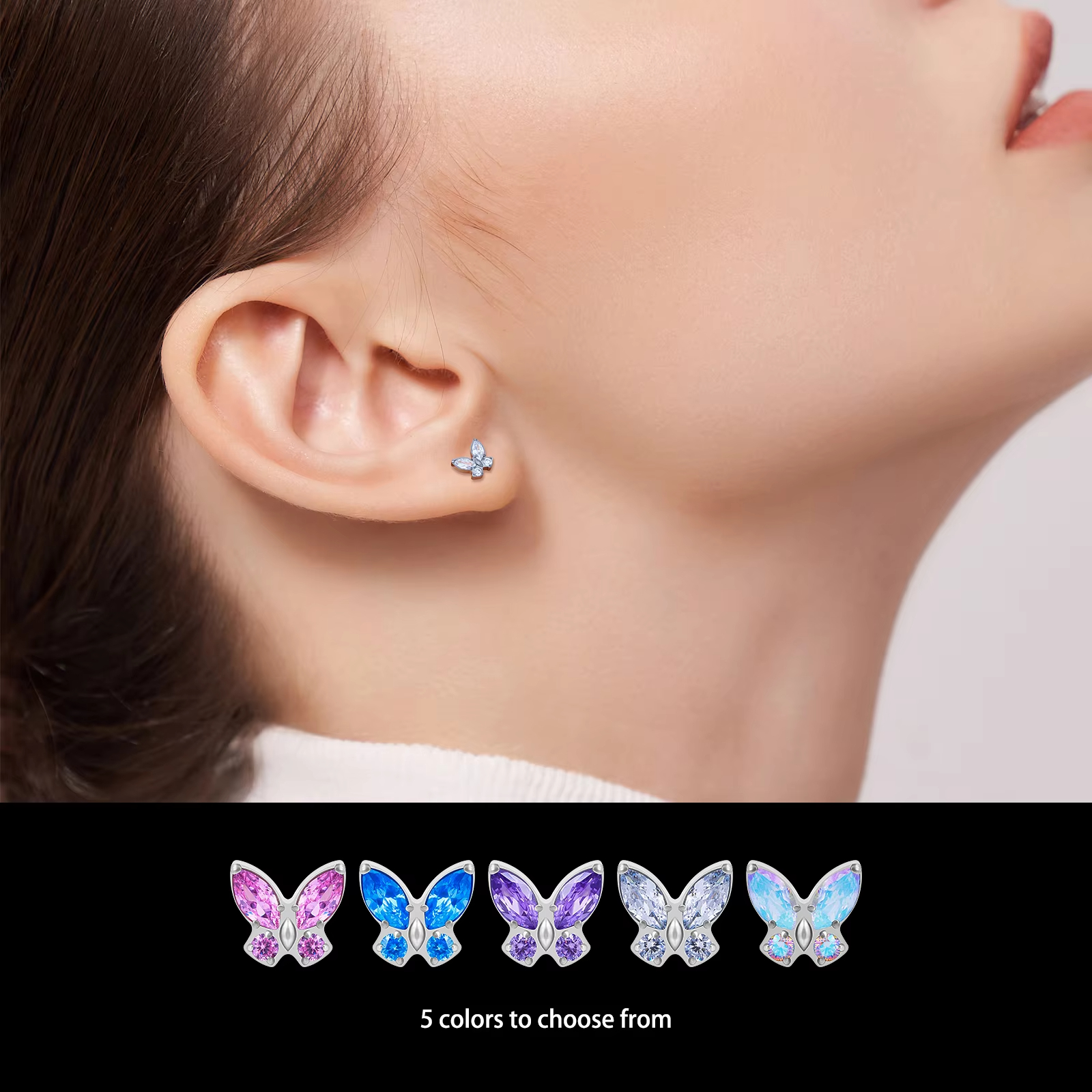 2PCS ASTM F136 G23 Titanium Piercing Butterfly Ear Studs Colorful Zircon Inlay Tragus Cartilage Earrings Woman Body Jewelry