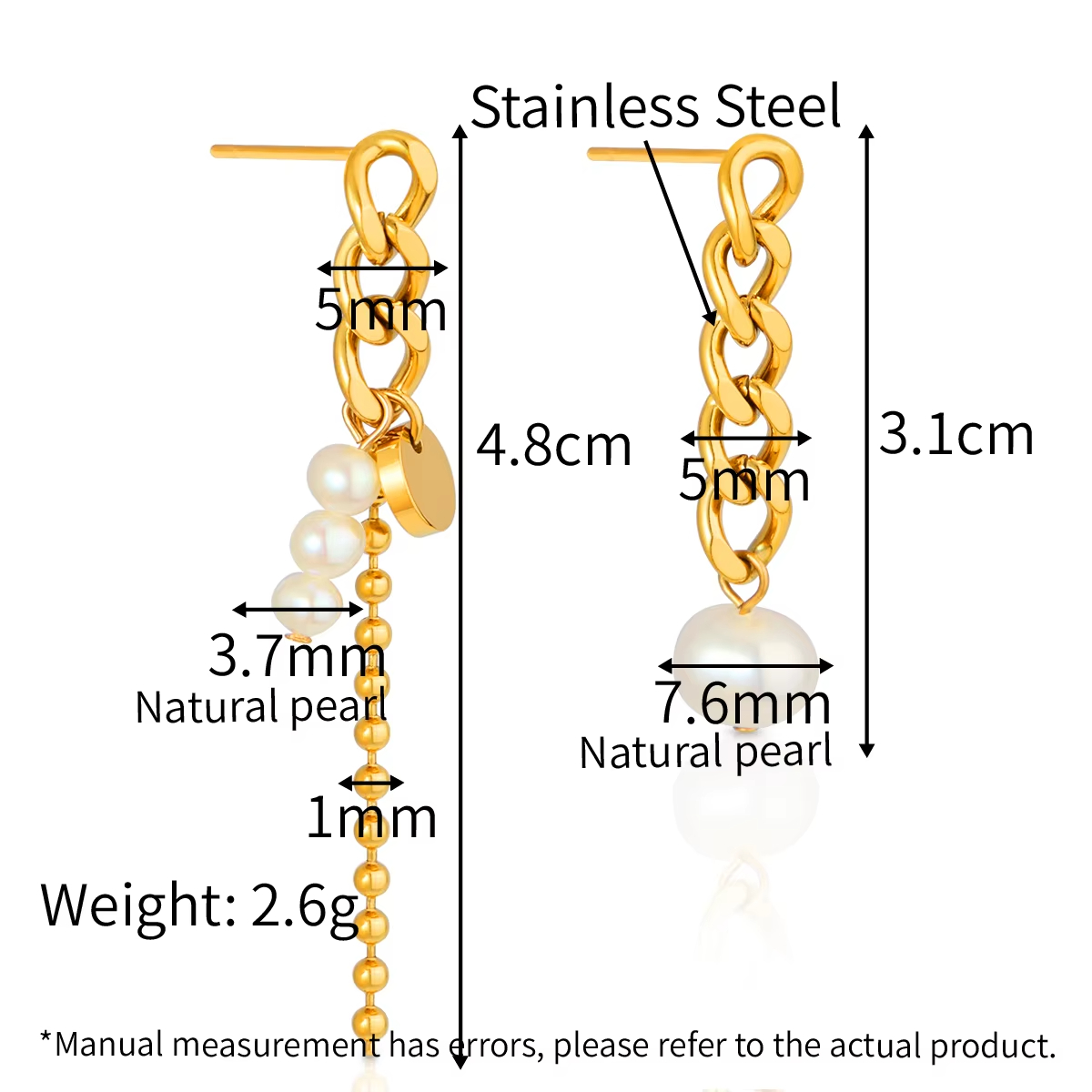 316L Stainless Steel Asymmetrical Tassel Natural Pearl Earrings Beads Drop Earrings for Women