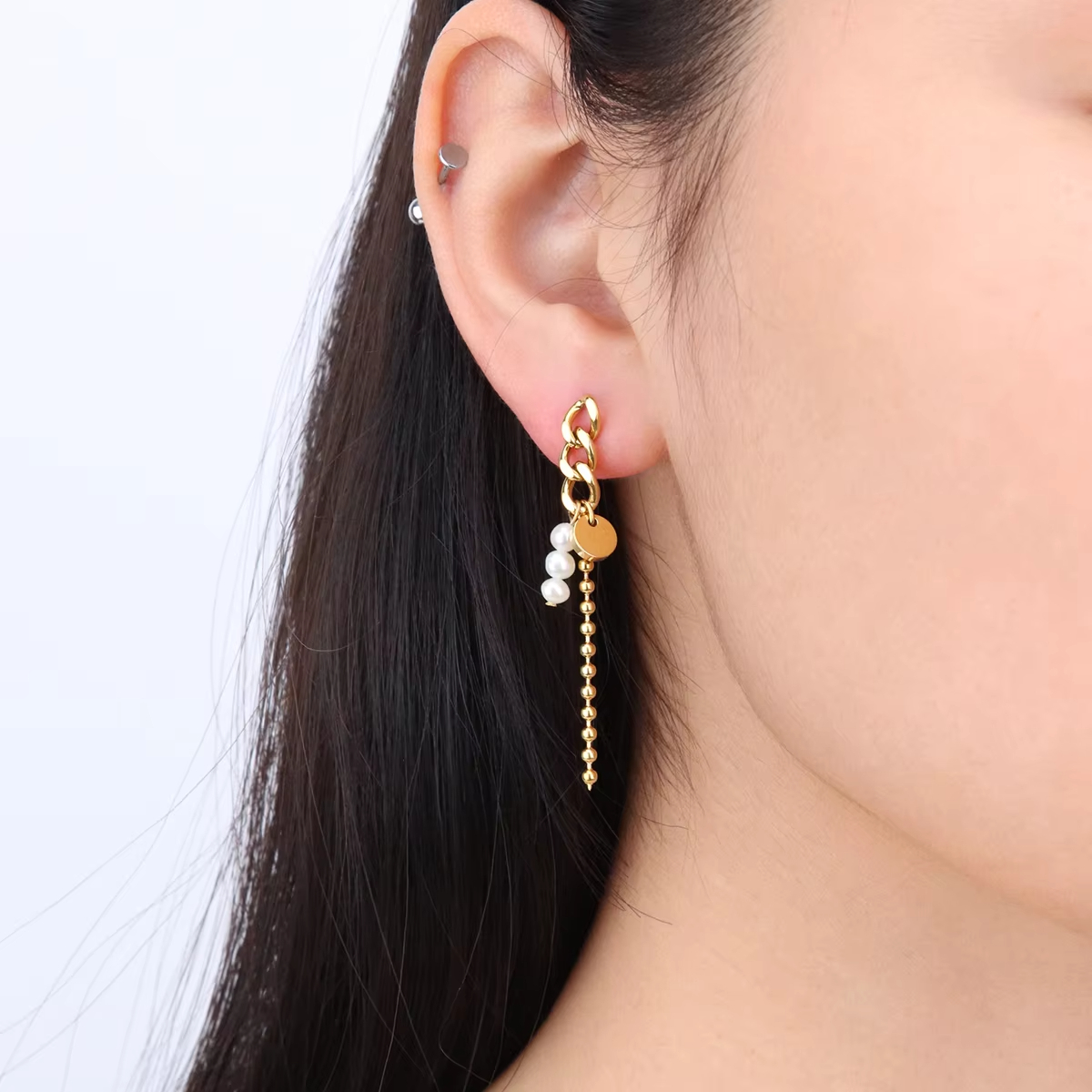 316L Stainless Steel Asymmetrical Tassel Natural Pearl Earrings Beads Drop Earrings for Women