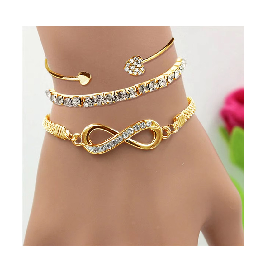 3 Pcs/Set Fashion Gold Plated Zircon Infinity Pattern 8 Number Ajustable Bracelet Set for Women Jewelry