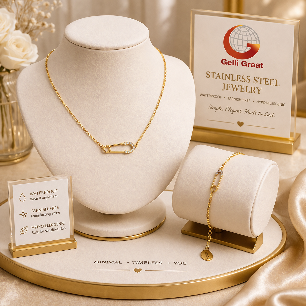 5A Zircon Safety Pin Stainless Steel Jewelry Sets Gold Necklace Bracelet Minimalist Elegant Waterproof Jewelry Sets