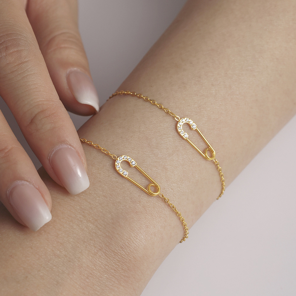 5A Zircon Safety Pin Stainless Steel Jewelry Sets Gold Necklace Bracelet Minimalist Elegant Waterproof Jewelry Sets
